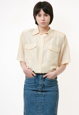 80S VINTAGE SETA SEIDE NATURAL BEIGE BUTTONS UP BLOUSE 2503