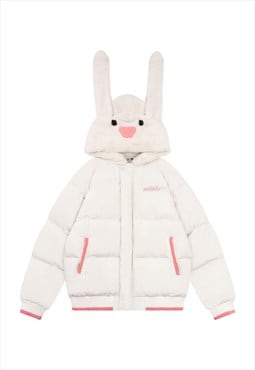 Rabbit hood bomber fluffy anime puffer winter jacket white