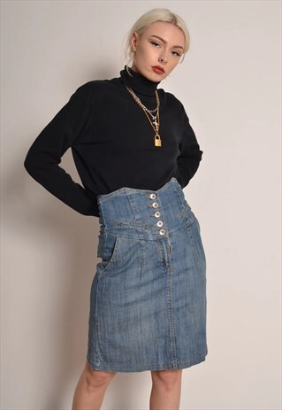 VINTAGE HIGH WAIST DENIM PENCIL MIDI SKIRT IN BLUE