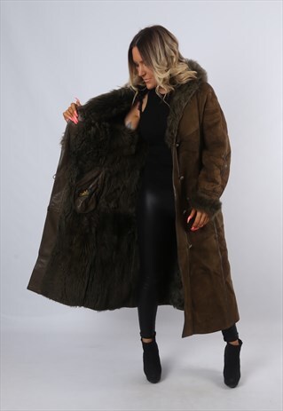 SHEEPSKIN SUEDE SHEARLING COAT HOODED LONG UK 14 (CK2N)