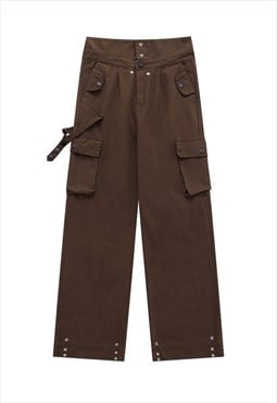 High waist parachute joggers cargo pocket pants in brown