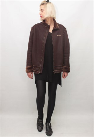 VINTAGE 90' UNIQUE RAF BROWN SUEDE JACKET WITH FURRY LINING
