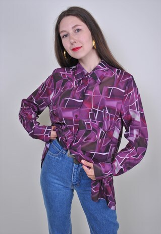 80S GEOMETRIC PRINT PURPLE BLOUSE, VINTAGE ABSTRACT SHIRT