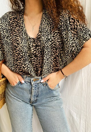 VINTAGE 80S ANIMAL LEOPARD PRINT HAUTE BOHEME BLOUSE TOP