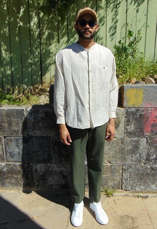 90S MINIMALIST LUXURY LINEN BLEND BEIGE COLLARLESS SHIRT