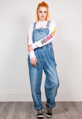 VINTAGE 90'S BLUE DENIM LONG LENGTH DUNGAREES