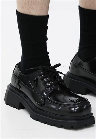 Butterfly Derby shoes high fashion square toe boots in black