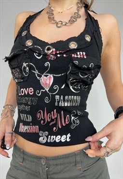 Vintage Y2k Top Tank Vest Graphic Halter Distressed Grunge 