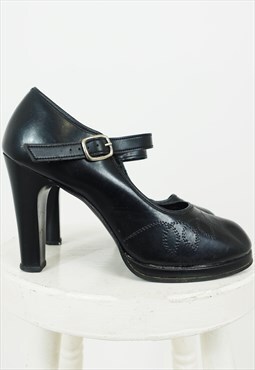 Vintage 90s Black Leather Chunky Mary Jane Heels 