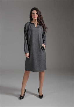 Long Sleeve Sack Dress with Pocket and Collar Detail