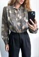 BROWN CACAO GEOMETRIC PRINTED CASUAL 80S BLOUSE SHIRT L