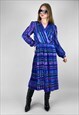 80's Vintage Ladies Blue Pleated Midi Dress