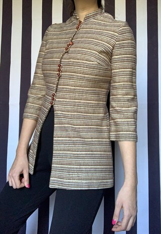 Vintage 60s gold tunic top with stripes, 3/4 sleeves