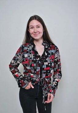 90's black ruffled blouse, vintage abstract ruffle shirt