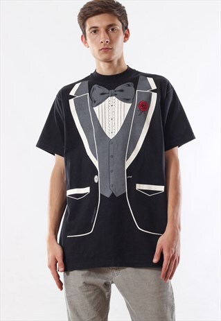 VINTAGE TUXEDO 1980 EVENING DRESS GRAPHIC TEE 80S BLACK
