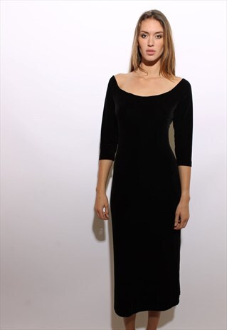 VINTAGE 1990'S 90'S BLACK STRETCH VELVET VELOUR MAXI S-M