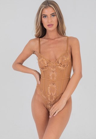 EMBROIDERED LACE UNDERWIRED BODYSUIT MOCHA TAN