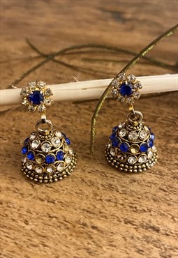 70's Vintage Earrings Ladies Blue Diamate Gold Bells