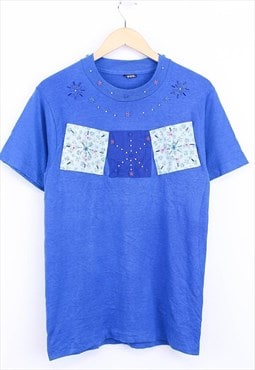 Vintage Sequin Pattern T Shirt Blue Short Sleeve Retro