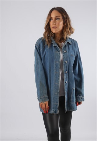 VINTAGE DENIM JACKET OVERSIZED LONGLINE UK 14 LARGE (B82W)