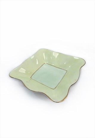 70S YELLOW GREEN SQUARE TRINKET DISH GOLD RIM SCALLOPED EDGE