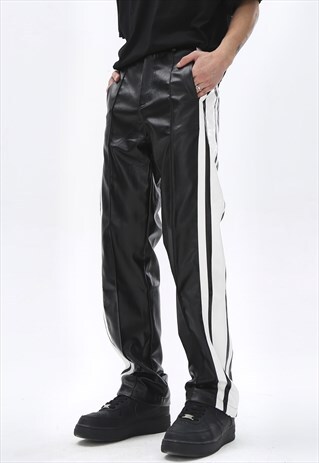 FAUX LEATHER TRACK PANTS STRIPED RUBBER TROUSERS WHITE BLACK