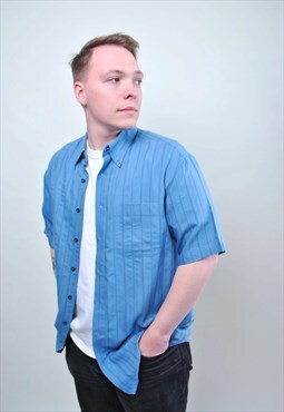 80s striped blue shirt, vintage short sleeve summer