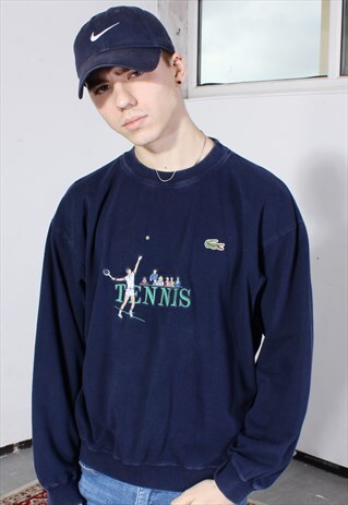 VINTAGE LACOSTE SPORT NAVY EMBROIDERED TENNIS DESIGN JUMPER