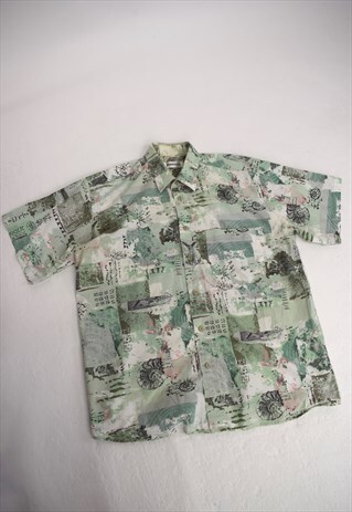 VINTAGE 90S DONALLEY GREEN WHITE PRINT SHIRT