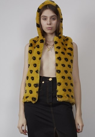 VINTAGE 90'S YELLOW ANIMAL PRINT FAUX FUR HOODED GILET