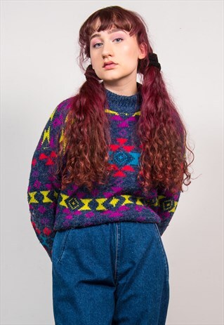 VINTAGE 90'S COLOURFUL PATTERN HIGH NECK KNIT JUMPER
