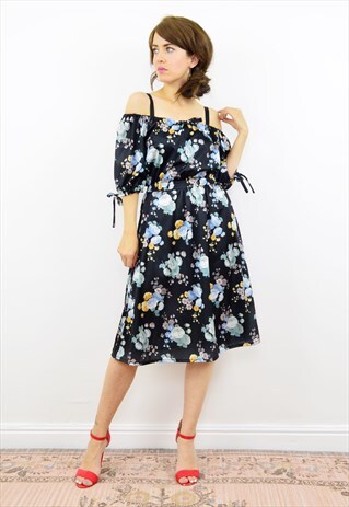 VINTAGE 70S BLACK FLORAL BARDOT MIDI DRESS
