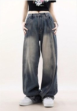 Wide jeans utility trousers acid wash denim pants in blue
