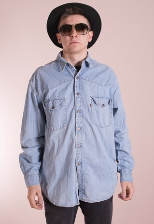 MENS VINTAGE LONG SLEEVE, DENIM, BUTTON UP SHIRT