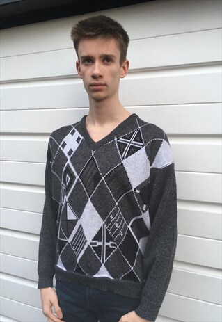MENS VINTAGE 80S JUMPER GREY PATTERNED V NECK SWEATER TOP