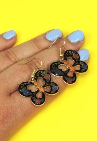 Vintage 80s Butterfly Cloisonne Enamel Flowers Hook Earrings