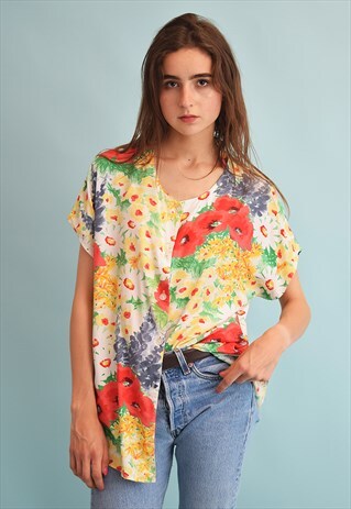 90'S RETRO FESTIVAL FLORAL PRINT OVERSIZED MOMS BLOUSE TOP