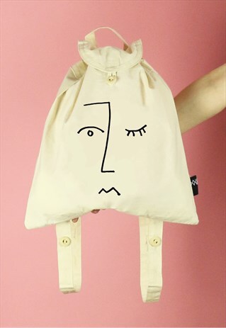FACE LINE DRAWING PRINT CANVAS BACKPACK - BLACK ON NATURAL