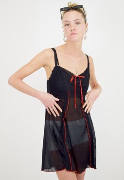 Vintage 2000s Mini Slip Dress in Black Mesh and Lace