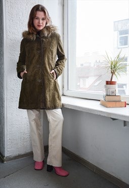 Vintage Khaki Suede Hooded Parka Coat