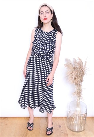 VINTAGE 90S MONOCHROME POLKADOT RUFFLE MIDI DRESS