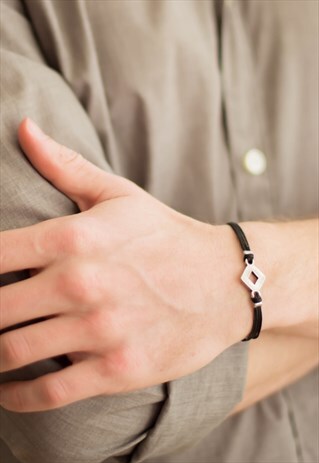 SILVER RHOMBUS BRACELET FOR MAN, BLACK CORD, GIFT FOR HIM