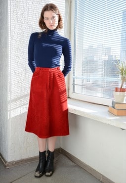 Vintage Red Corduroy French high Waisted A Line Midi Skirt