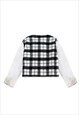 CHECKED FLEECE JACKET UNUSUAL PLAID FLUFFY CROP BOMBER WHITE