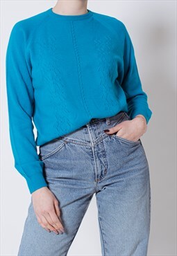 Vintage 90s Minimal Chic Knitwear Women Jumper in Bold Blue 