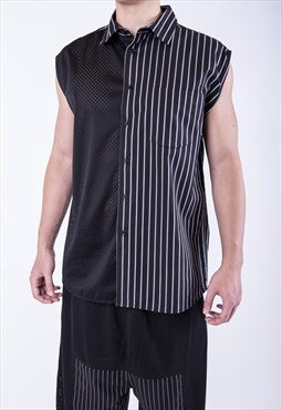 Black Patchwork mesh cotton sleeveless shirt vest Y2k