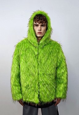 Hooded shaggy faux fur jacket neon bomber bright raver coat 