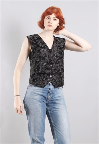 VINTAGE 80S VELVET GLITTER PATTERN WAISTCOAT