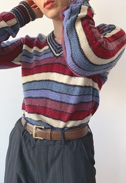 Vintage 90's Spring Fitted Striped V-neck Light Knit Jumper