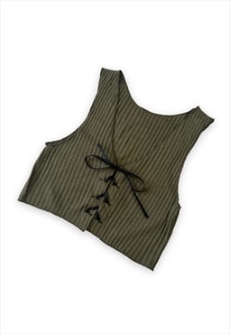 Reworked 00s sleeveless crop top lace up vest khaki green